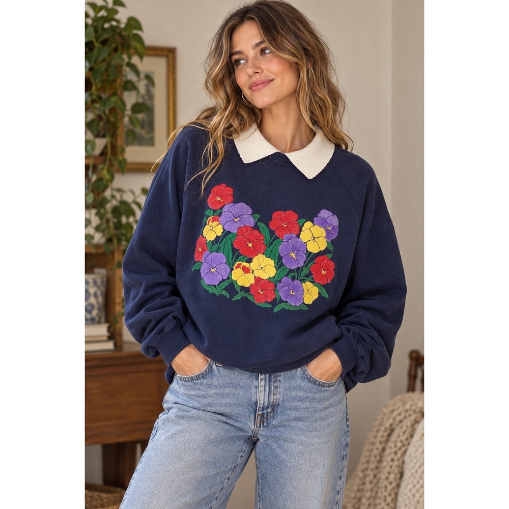 Vintage Barclay Square Pansy Floral Sweatshirt XL Made USA Hanes Cottagecore